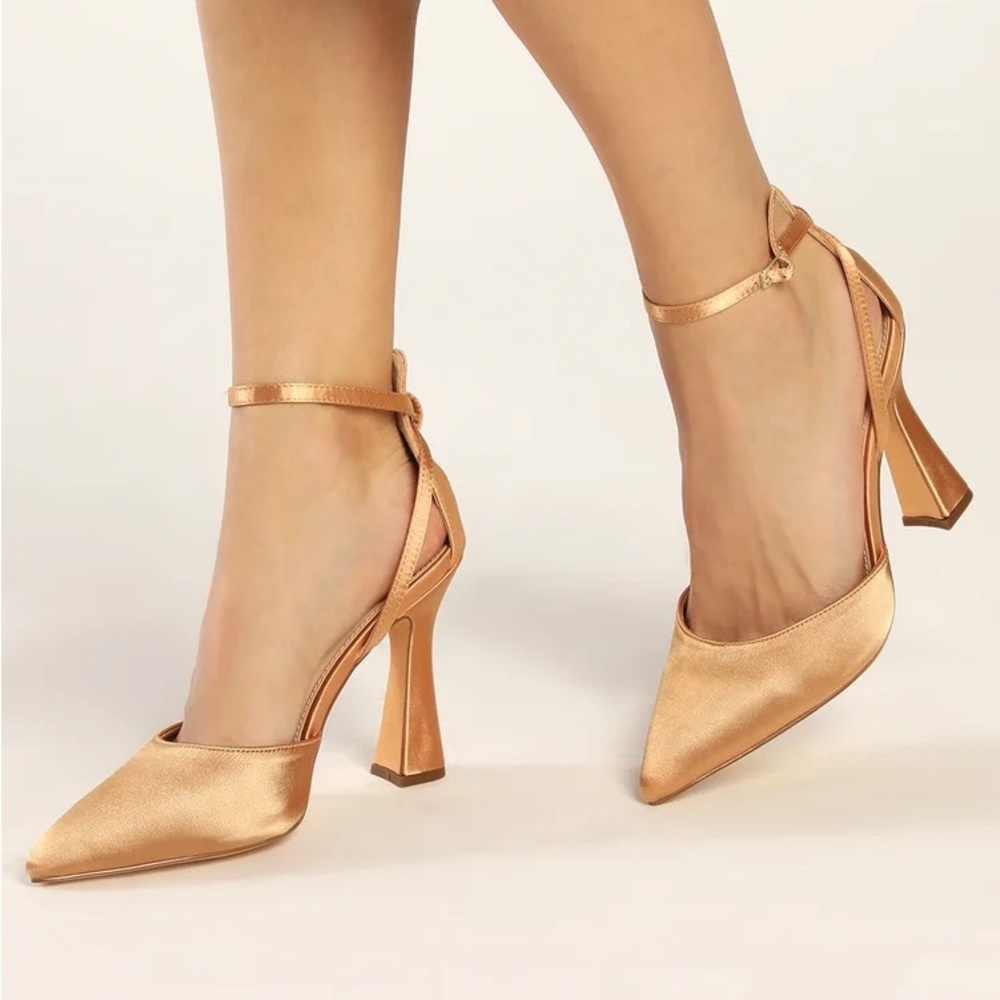 Shenay Gold Satin Pointed-Toe Ankle Strap Pumps